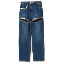 AREA Crystal Button Studded Slit Jean