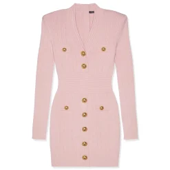 Balmain Buttoned Knit Long Sleeve Mini Dress