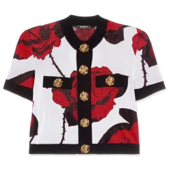 Balmain Buttoned Red Roses Cropped Knit Cardigan