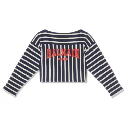 Balmain Womens Baseball Boat Neck Crop T-Shirt