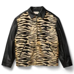 MARNI Black Leather and Tiger Print Shearling Jacket